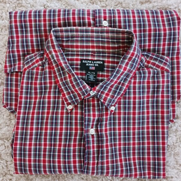 Ralph Lauren Jeans Co. Men's Long Sleeve Shirt Plaid XL Red White Blue Western - Picture 1 of 8